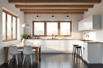 Fototapeta premium Modern kitchen with white cabinets, wooden beams, and natural light.