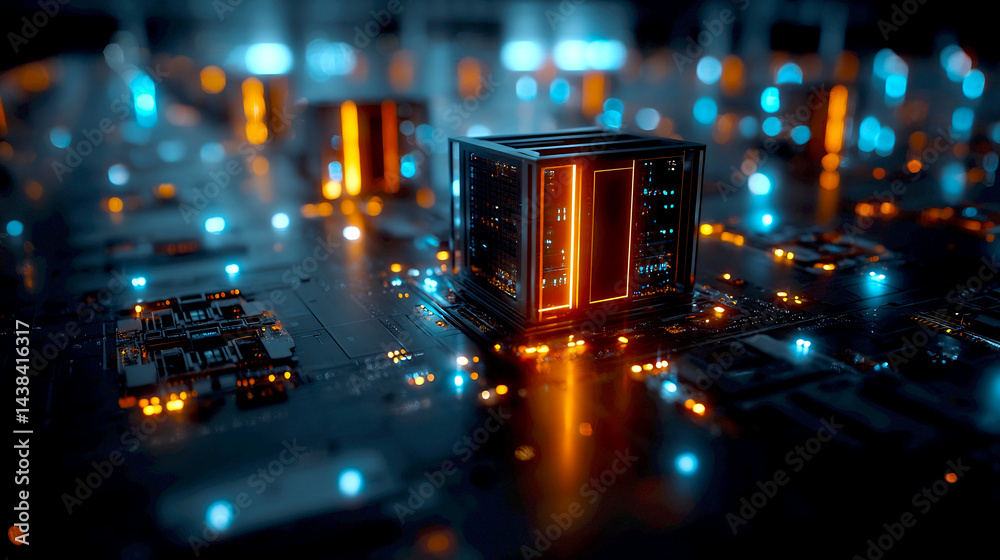 Poster Futuristic digital technology concept with glowing circuitry and illuminated microchips on a circuit board : Generative AI