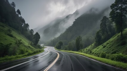 A winding, wet road meanders through a lush green landscape,