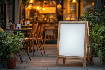 Outdoor cafe sign, blank menu board, evening ambiance