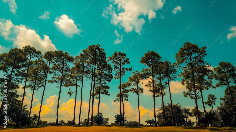 Poster scenic view of tall pine trees against a beautiful blue sky with fluffy clouds during daytime : gene