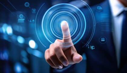 finger tapping on holographic button to start meeting showcasing modern technology and virtual interaction