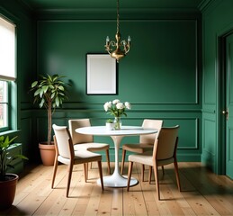 Modern minimalist dining room interior with green walls, white table, and beige chairs.