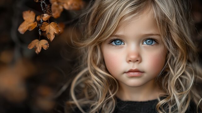 Girl with blue eyes, autumn leaves background, portrait photography, child model
