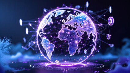 Obraz premium Global bitcoin network cryptocurrency blockchain technology world finance digital currency connection