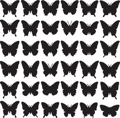 A collection of various black butterfly silhouettes in different flying and resting poses, arranged in rows on a white background