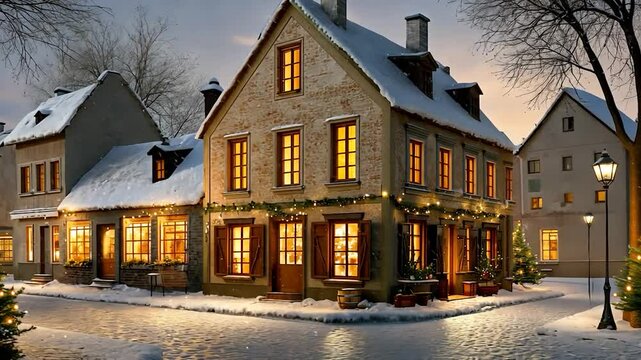 Snowy village houses aglow with lights at winter solstice