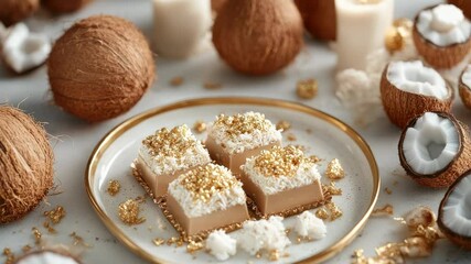 A luxury-themed composition featuring a Bounty chocolate bar elegantly plated with gold accents, surrounded by coconut-flavored desserts. Ideal for upscale dessert presentations, food ads