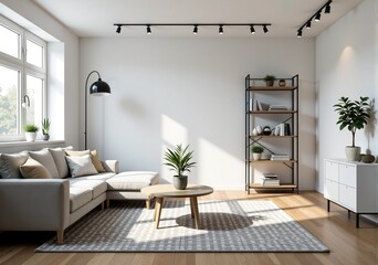 Bright and airy living room interior with modern furniture and natural light. Perfect for showcasing home decor, real estate, or interior design.