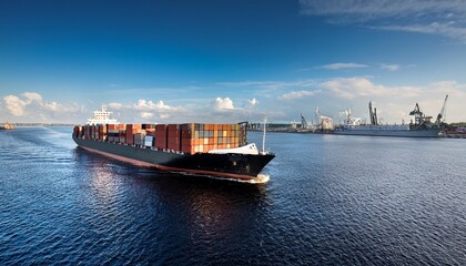 black container ship sailing in calm water near port of riga