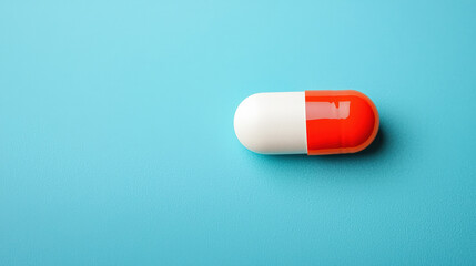 Red and white capsule pill on bright blue background, symbolizing healthcare, medication, and pharmaceutical solutions