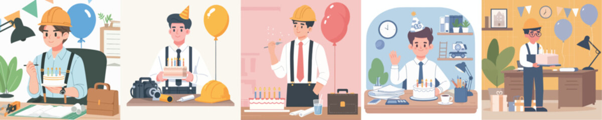 young architect birthday character vector