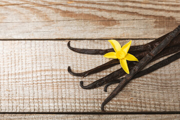 Vanilla pods on a textured background. Vanilla flowers and seeds. vanilla stick bean. Aromatic spicy spice for pastries and desserts. Seasoning. Space for text. Copy Space