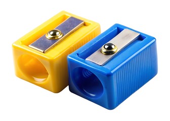 blue and yellow pencil sharpeners isolated on tra background