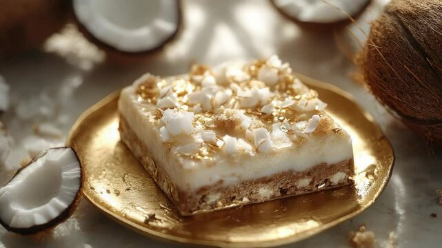 A luxury-themed composition featuring a Bounty chocolate bar elegantly plated with gold accents, surrounded by coconut-flavored desserts. Ideal for upscale dessert presentations, food ads