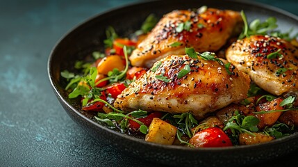 Glazed chicken with roasted vegetables, dinner plate, dark background, food photography