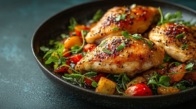 Glazed chicken with roasted vegetables, dinner plate, dark background, food photography - Powered by Adobe