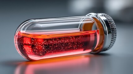 Tiny red liquid vial showcases glowing effect in futuristic doctor's palm