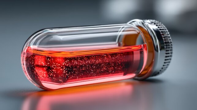 Tiny red liquid vial showcases glowing effect in futuristic doctor's palm - Powered by Adobe