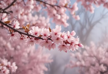 Obraz premium Soft pink sakura petals gently descend, blurred cherry blossoms in the background , springtime, soft, spring