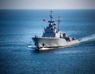 grey modern warship sailing in still water