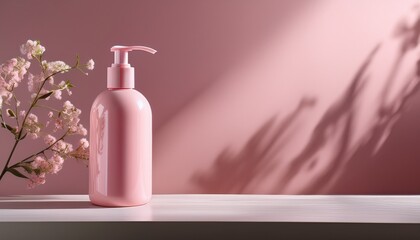 a minimalist bottle of delicate pastel pink lotion dispenser designed with simplicity and functionality in mind