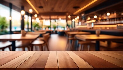 empty wooden table space platform and blurry defocused restaurant interior