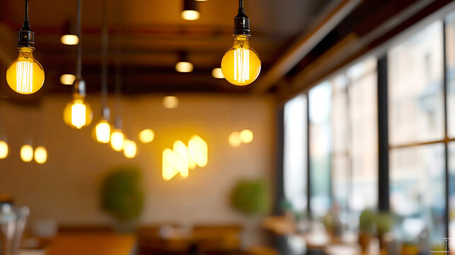 Cozy and modern cafe interior featuring illuminated hanging bulbs and a warm inviting atmosphere : Generative AI