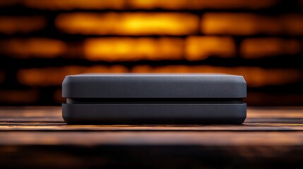 Minimalist black box resting on wooden surface with warm, blurred brick background