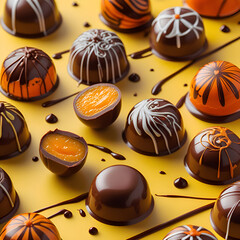 Close up of homemade orange chocolate bonbon slice. Assortment of hand painted orange chocolat  andies. Candy cut in a half. Mockup with a copy space. Macro shot of chocolatier products