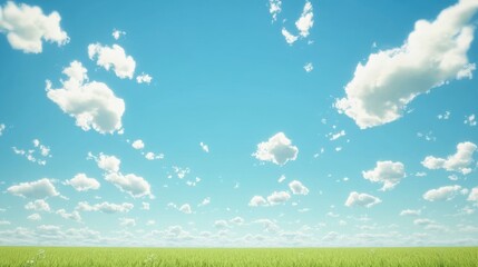Vast Open Sky with Puff Clouds Above Lush Green Grassland Landscape