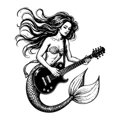 Mermaid playing guitar sketch engraving black and white outline. Scratch board imitation.  illustrated in vintage line art style on a white background.