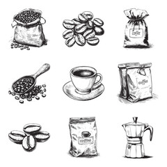 Set of coffee vector illustrations - hand drawn coffee - black and white coffee isolated on white background