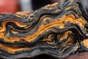 Layered texture with wavy patterns shows black material intertwined with shiny golden threads and particles