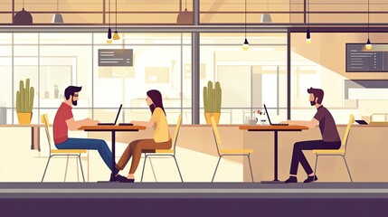 Two people sit in a modern café booth, engaged in conversation over a laptop.