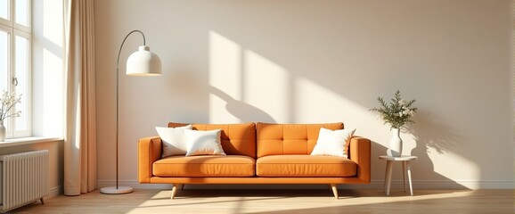 Stylish orange sofa in a bright living room with natural sunlight and minimalist decor.
