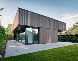 Obraz premium a modern minimalist house with gray wood cladding concrete floor and glass doors in the front garden with light green grass and some bushes perfect for architectural rendering