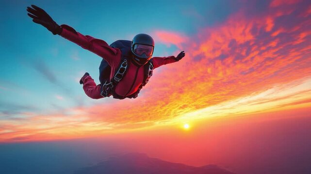 A lone skydiver soars through the air, arms outstretched, against the backdrop of a vibrant sunset.