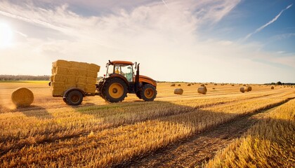 Obraz premium tractor collecting straw bales