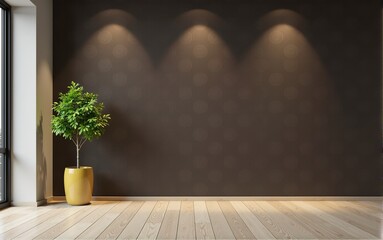 Empty modern room interior with brown wall, wooden floor, and green plant in yellow pot. Perfect for design projects.