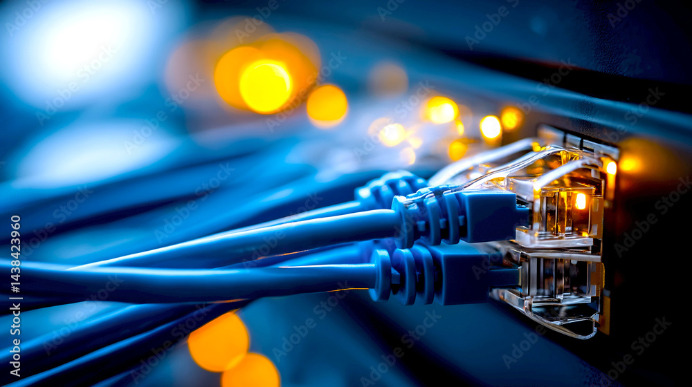 Poster Close up of Ethernet cables connected to a network switch with glowing lights in a data center : Generative AI