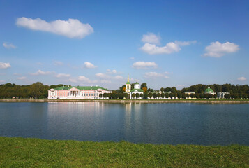 Panorama of the museum-estate Kuskovo from the Bolshoy Dvortsovy pond. Moscow, Russia