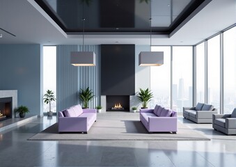 Modern luxury living room interior with city view, featuring lavender sofas and a fireplace.