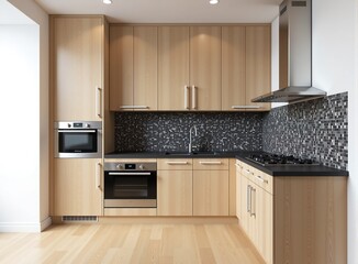 Modern minimalist kitchen interior with light wood cabinets, black countertops and gray tile backsplash.