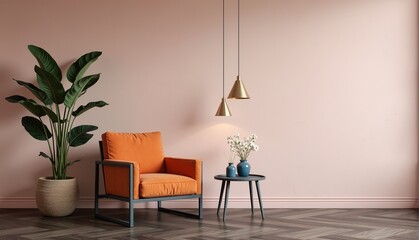 Stylish living room interior with orange armchair, plants and lamps.