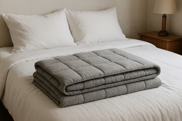 Cozy bedding arrangement with neatly folded gray quilt on a bed