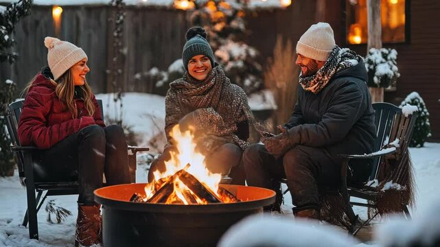 Cozy winter gathering around a fire pit in a snowy backyard evening