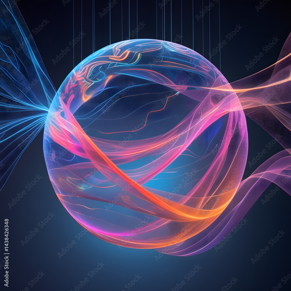 Poster a luminous spherical mesh structure with glowing-colored patterns on dark gradient background, showc
