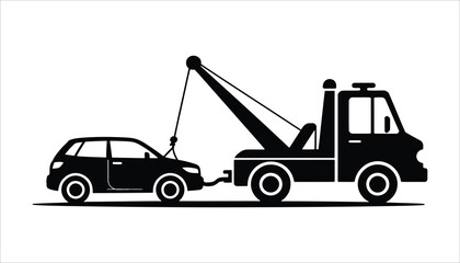 Towing truck with car lift silhouette icon vector