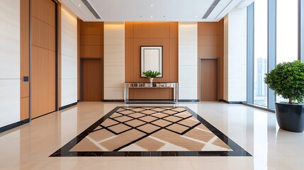 Fototapeta premium Elegant Lobby Interior Design Showcasing Geometric Rug, Wooden Panels, and Bright Window with City Views for Modern Architecture.